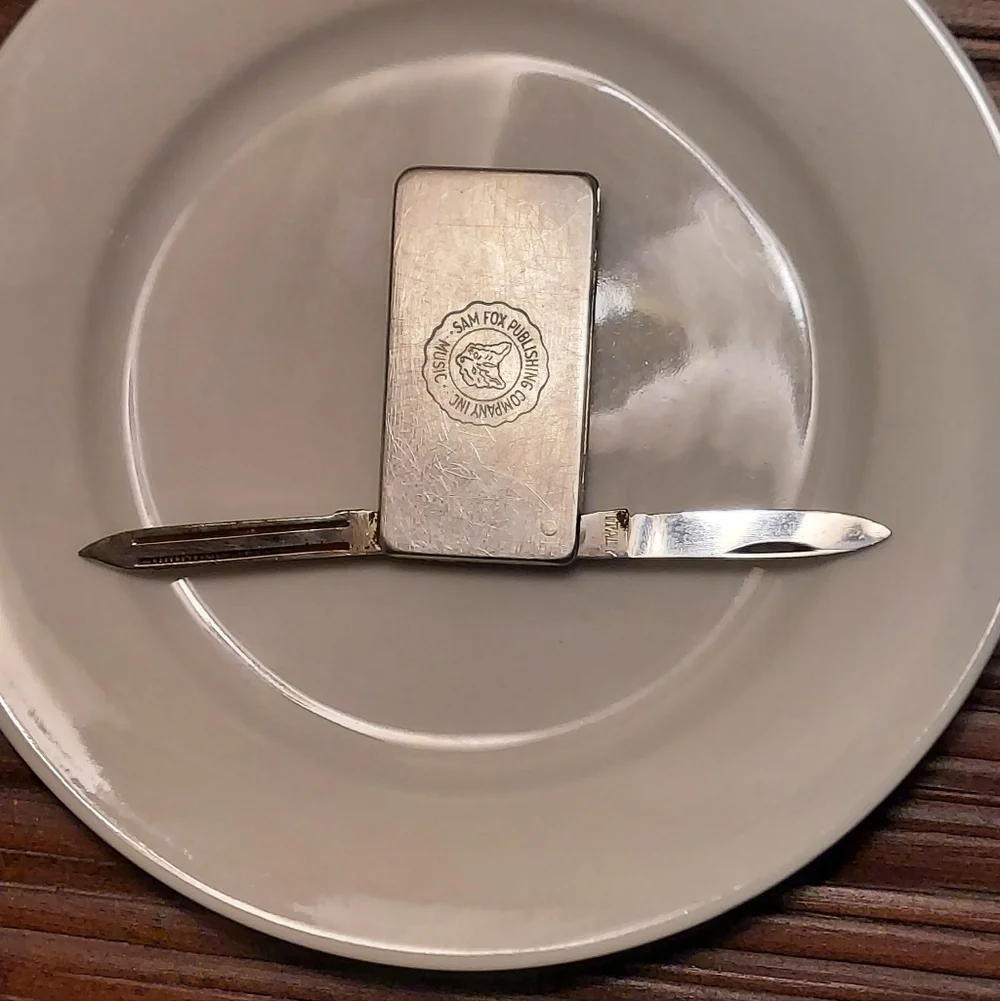 SAM FOX MUSIC PUBLISHING ANTIQUE SILVER  (ITALY) MONEY CLIP NAIL FILE VERY RARE!